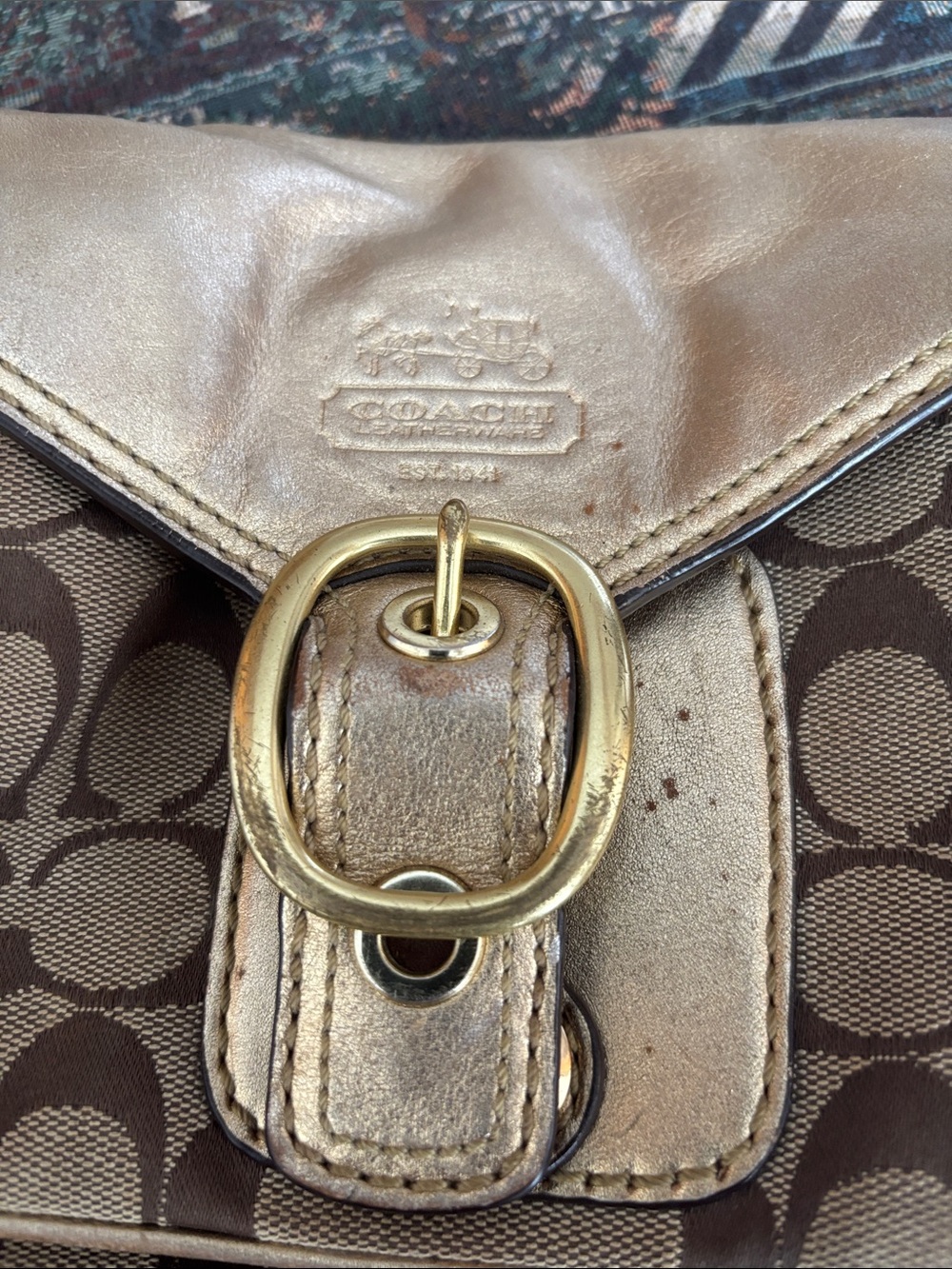 Coach Metallic Gold Leather Trim Signature Brown Canvas Crossbody - Picture 6 of 7